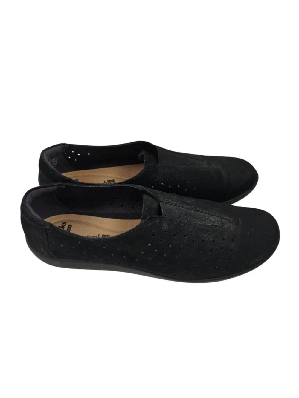 Clarks Loafers Womens Size 9.5 Black Leather Perforated Soft Cushion Shoes Suede - Picture 5 of 9